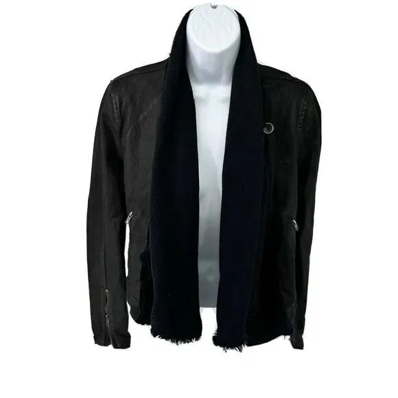 Free People Black Moto Jacket Coat Size 2 Front Drape Coated Denim Jean